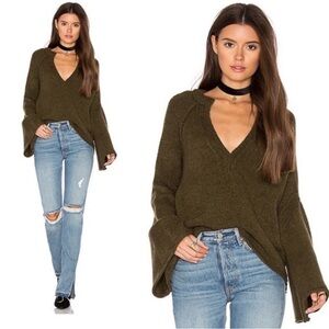 Free People Army Green V-Neck Sweater